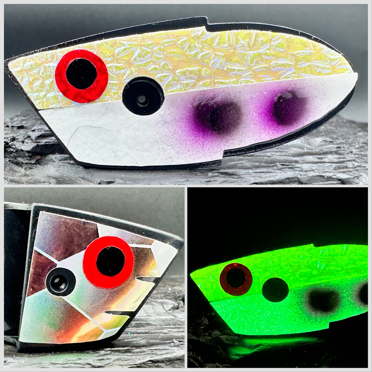 black with glow crush/glow purple black dot. holo scale front