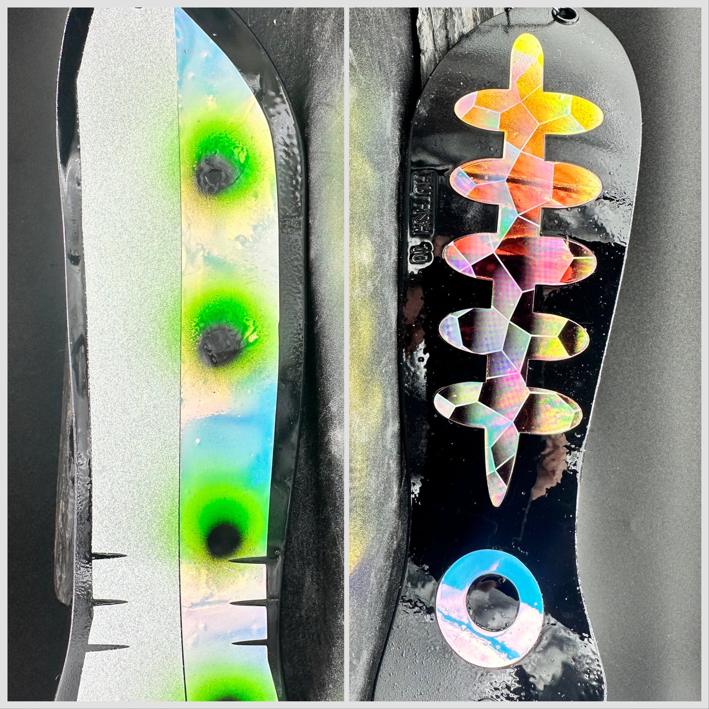 10" BLACK WHITE GLITTER/RV 4 GREEN DOTS AND HOLO SCALE LADDERBACK