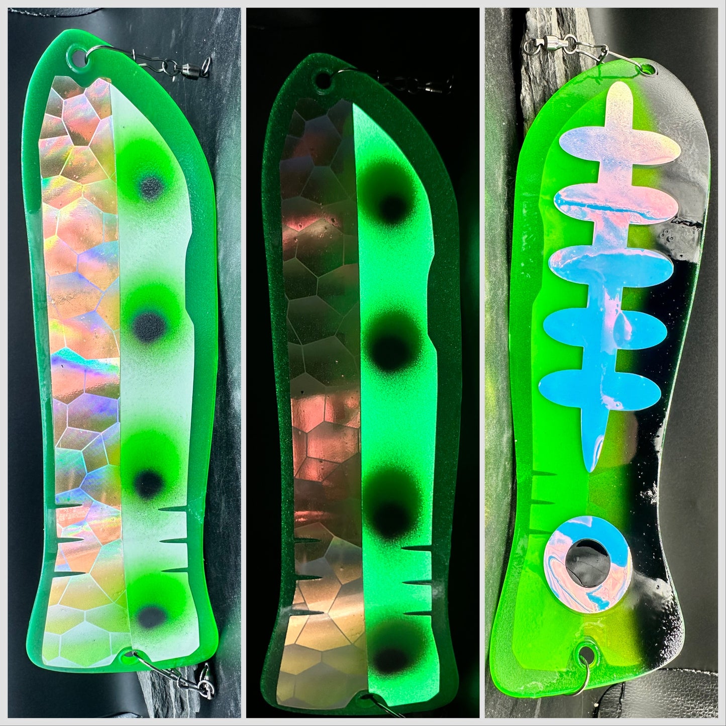 Holo scale glow green black dot with holo scale ladderback back