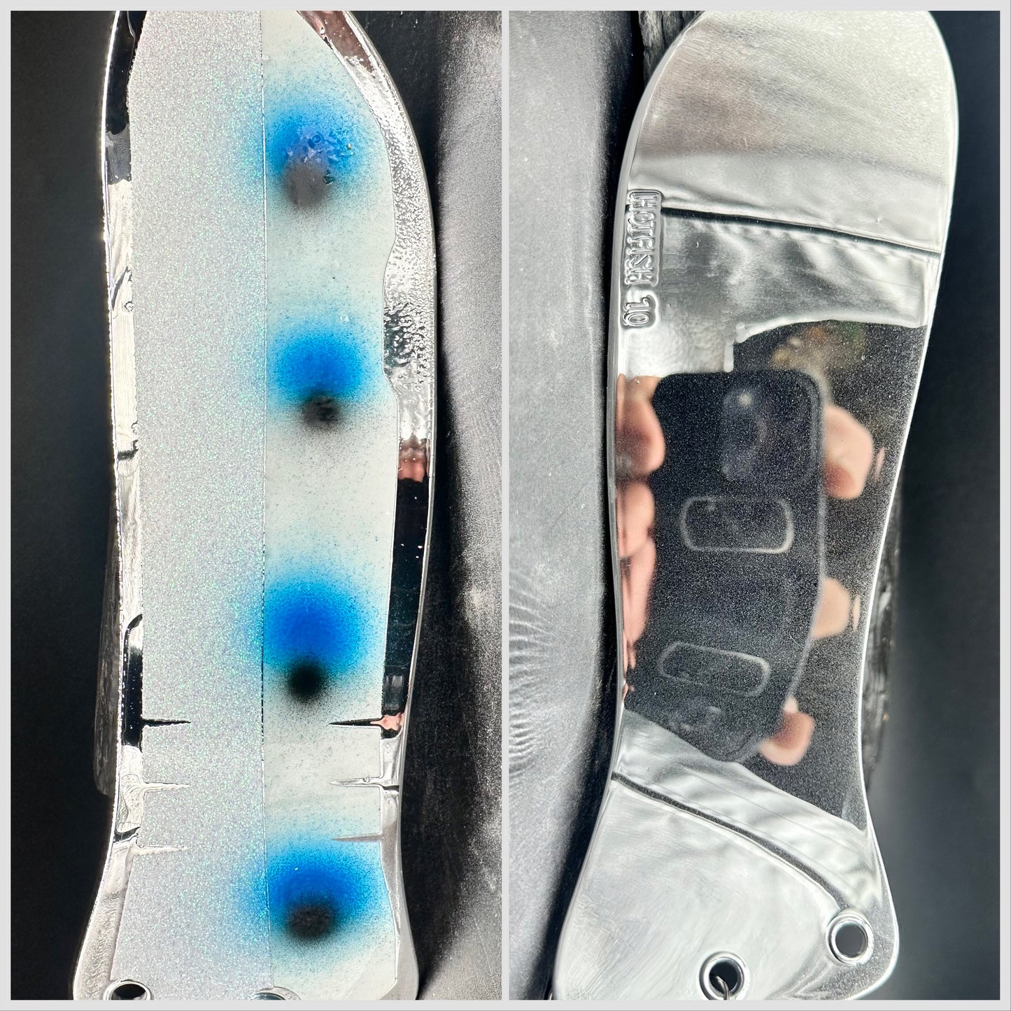 10" CHROME WITH GLITTER WHITE/GLOW BLUE/BLACK DOT AND CHROME BACK
