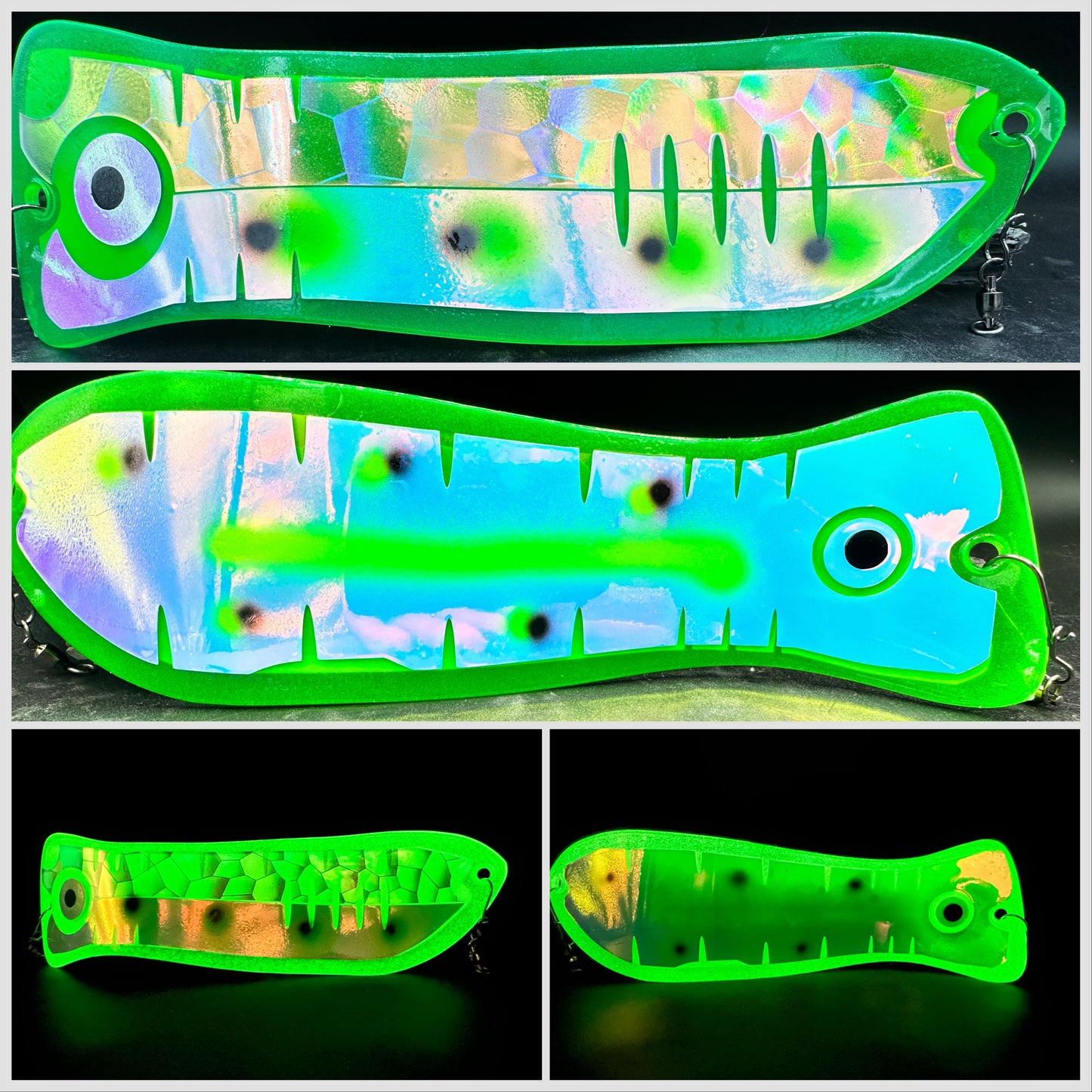 10" GREEN holo SCALE GLOW/ 4GREEN/BLACK DOTS AND RV BACK/ GREEN/BLACK DOTS WITH STRIPE