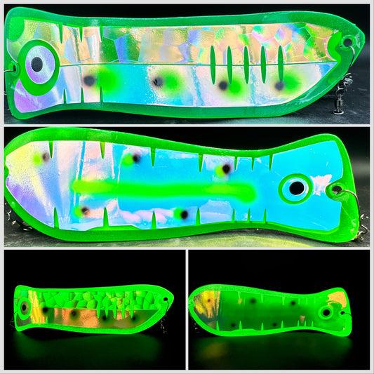 10" GREEN holo SCALE GLOW/ 4GREEN/BLACK DOTS AND RV BACK/ GREEN/BLACK DOTS WITH STRIPE