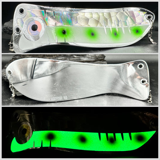 10"  CHROME WITH SILVER SCALE/GLOW 4 GREEN/BLACK DOT AND CHROME BACK rv eye