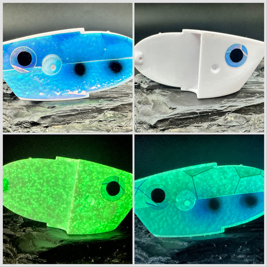 white glow with holo scale/rv blue/black dots glow front
