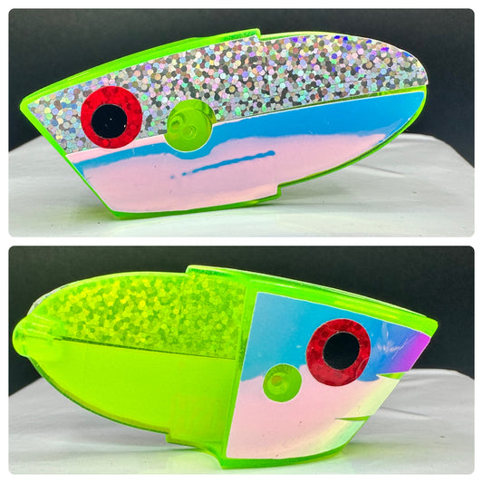 light green with holographic silver/RV and RV front